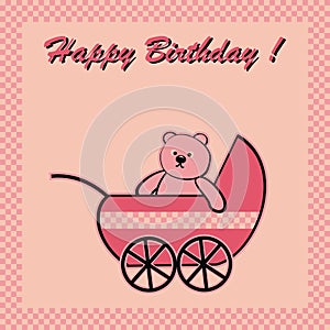 Birthday card, Happy Birthday, bear in pram, vector illustration