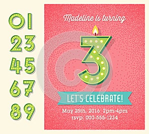 Birthday card invitation design with set of lighted retro numbers