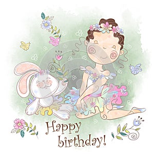 Birthday card. A little girl with a Bunny. Vector photo