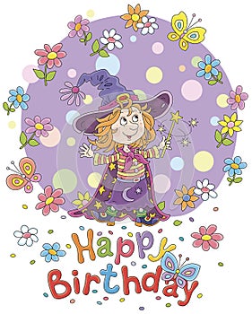 Birthday card with a little witch and swirling flowers