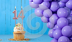 Birthday card with number 14 candle, cupcake and balloons