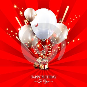 Birthday card with open gift box, balloons and