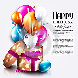 Birthday card with open gift box, balloons and