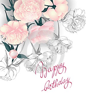 Birthday card with peonies. Wedding Invitation Card Use for Boarding Pass, invitations, thank you card. Vector.