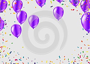 Birthday card with purple balloons and confetti on backgr