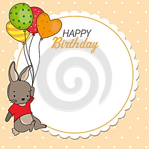 Birthday card. Rabbit with balloons.