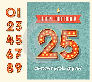 Birthday card with set of lighted retro numbers