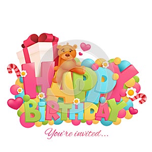 Birthday card with teddy bear and gift box