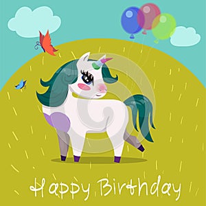 Birthday card with unicorn with balls on the glade vector image