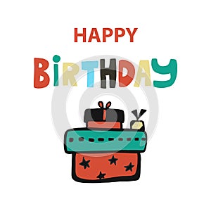 Birthday card. Vector. drawn by hand in the style of a cartoon multi-colored font and a box with a birthday gift tied