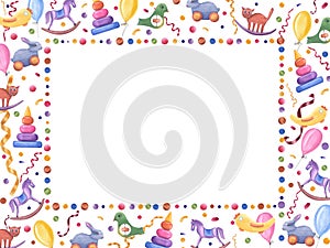 Birthday card with wood toys, holiday accessories. Horizontal frame with kid wooden pyramid, airplane, cat, hobbyhorse