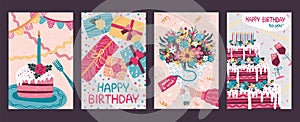 Birthday cards. Happy greeting cake. Anniversary holiday invitation template. Dessert with candles. Gift boxes. Flower