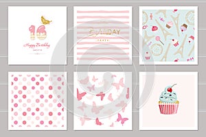 Birthday cards set for teenage girls. Including seamless patterns in pastel pink. Sweet 16, butterflies, cupcake, polka