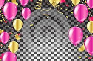 Birthday and celebration banner colorful balloons, falling confetti for poster, invitation
