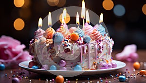 Birthday celebration with gourmet dessert, multi colored decoration, and sweet food generated by AI