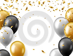 Birthday celebration party banner. Realistic gold, white and black festive balloons and golden confetti poster