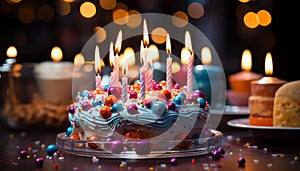 Birthday celebration sweet chocolate cake with burning candles on table generated by AI