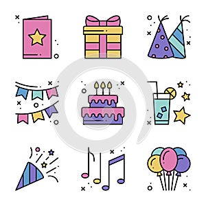 Birthday celebration thin line icons set. Party, holidays. Basic birthday elements. Vector simple linear design