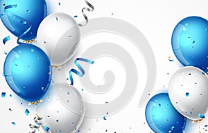 Birthday Celebrations banner with blue , white balloons and confetti