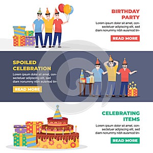 birthday characters. happy funny cartoon, dissapointed, male people standing with present boxes, surprize containers, gift with