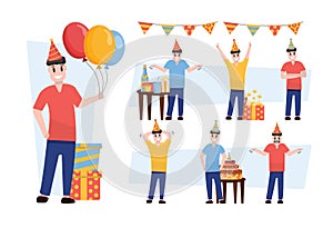 birthday characters. happy funny cartoon male people standing with present boxes, surprize containers, gift with ribbons, holiday