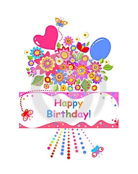 Birthday childish greeting or party invitation with colorful flowers bouquet and balloon