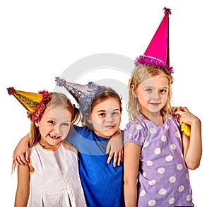 Birthday children celebrate party and eating cake on plate together .