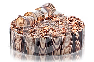 Birthday chocolate cake with nuts and chocolate decoration, piece of cream cake, patisserie, photography for shop, sweet dessert