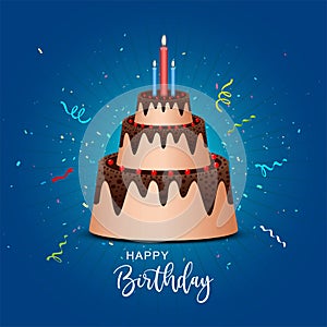 Birthday chocolate cake with red chary and three candles on confetti background