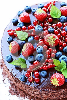 Birthday chocolate cake on white background