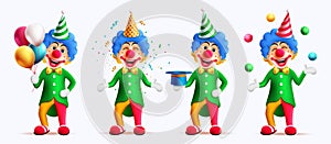 Birthday clown character vector set design. Buffoon entertainer character collection