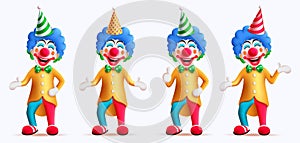 Birthday clown characters vector set design. Buffoon collection character with funny, happy and enjoy party occasion