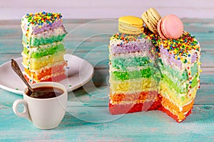 Birthday colorful rainbow cake with cup of coffee and knife