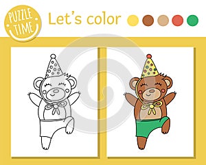 Birthday coloring page for children. Funny bear in party hat. Vector holiday outline illustration with cute animal. Party color