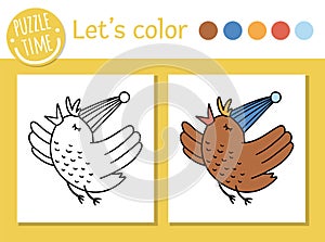 Birthday coloring page for children. Funny flying bird in party hat. Vector holiday outline illustration with cute animal. Party