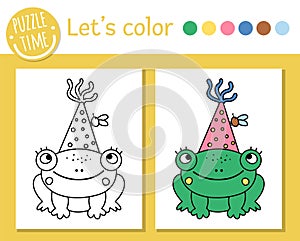 Birthday coloring page for children. Funny frog in party hat. Vector holiday outline illustration with cute animal. Party color