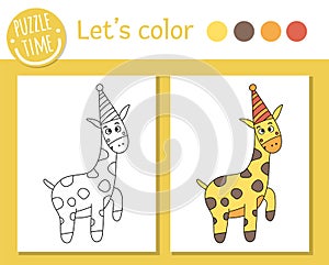 Birthday coloring page for children. Funny giraffe in party hat. Vector holiday outline illustration with cute animal. Party color