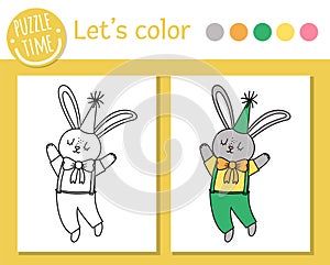 Birthday coloring page for children. Funny hare in party hat. Vector holiday outline illustration with cute animal. Party color