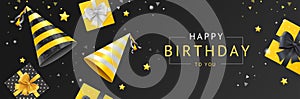 Birthday Concept Banner Horizontal with Realistic Detailed 3d Elements. Vector