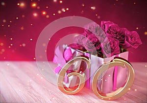 Birthday concept with pink roses in gift on wooden desk. sixtieth. 60th. 3D render