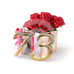 Birthday concept with red roses in gift isolated on white background. seventy-third. 73rd. 3D render photo