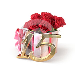 Birthday concept with red roses in gift isolated on white background. fifteenth