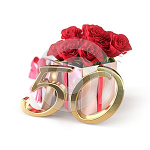 Birthday concept with red roses in gift isolated on white background. fiftieth. 50th. 3D render