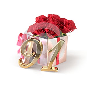 Birthday concept with red roses in gift isolated on white background. ninety-first. 91st. 3D render