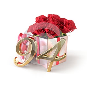 Birthday concept with red roses in gift isolated on white background. ninety-fourth. 94th. 3D render