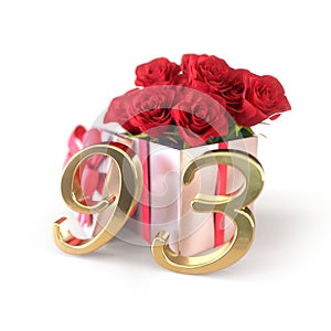 Birthday concept with red roses in gift isolated on white background. ninety-third. 93rd. 3D render