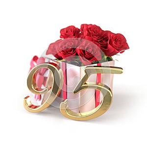 Birthday concept with red roses in gift isolated on white background. ninetyfifth. 95th. 3D render