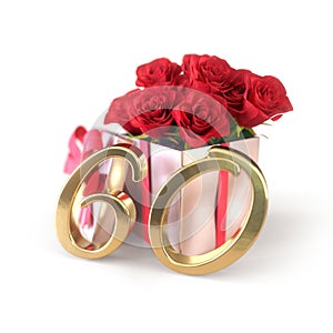 Birthday concept with red roses in gift isolated on white background. sixtieth. 60th. 3D render