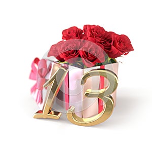 Birthday concept with red roses in gift isolated on white background. thirteenth photo