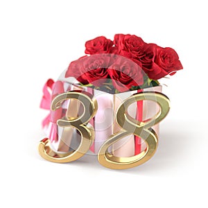 Birthday concept with red roses in gift isolated on white background. thirty-eighth. 38th. 3D render